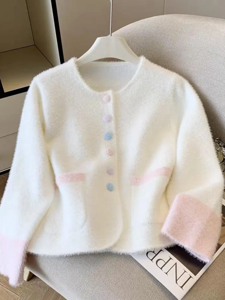 Faux Nertsen Kasjmier Zoet Vest Vrouwen Lange Mouw O Hals Elegante Gebreide Truien Koreaanse Herfst Winter Mode Zachte Zakken Tops