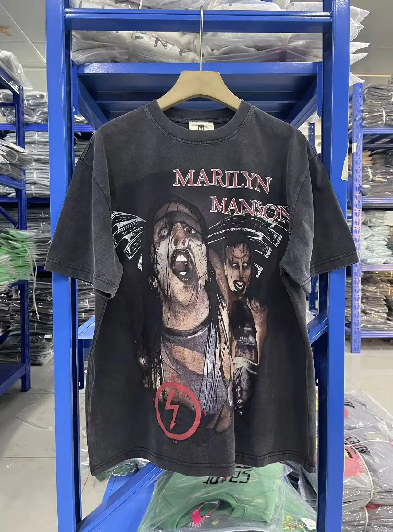 

Vintage Manson High Street Rock Band Pattern Printed Washed Short Sleeve Cotton Casual Loose Fashion Oversize Trendy T-shirt