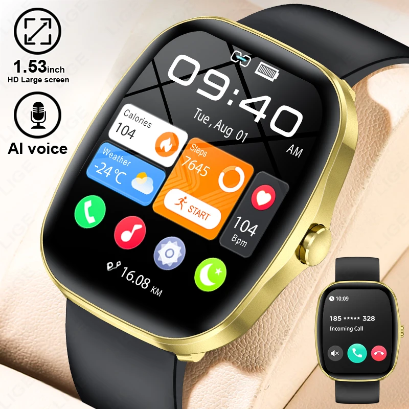 

LIGE Новые 1,53-дюймовые HD Смарт-часы с полным сенсорным экраном для женщин Браслет сердечного ритма Водонепроницаемый спортивный фитнес-трекер Мужские умные часы