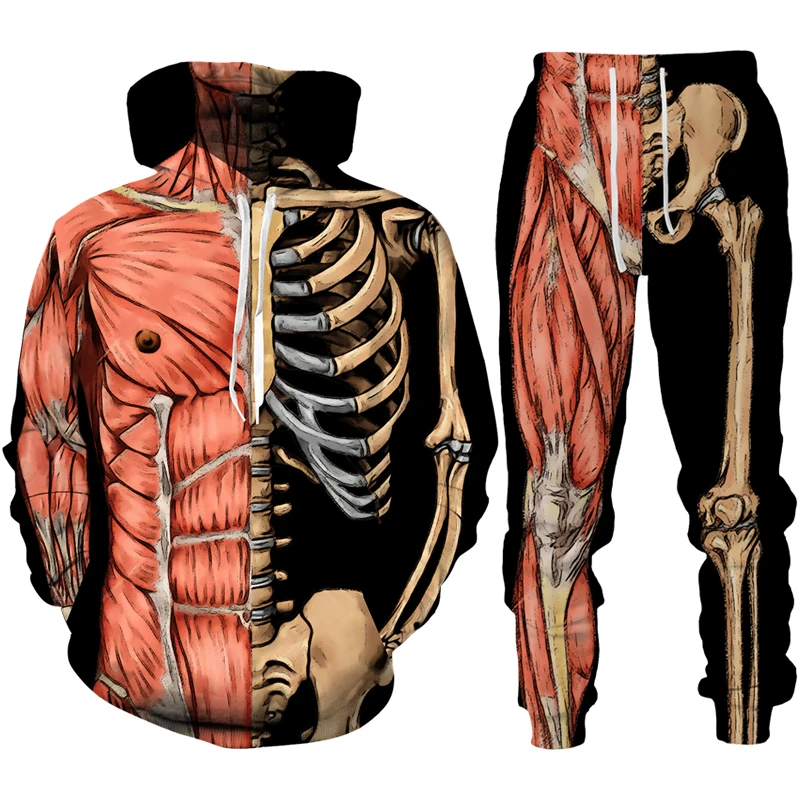 Мужские комплекты с капюшоном, спортивный костюм с 3D принтом ужасов, забавный комплект с капюшоном и черепом на Хэллоуин, штаны для косплея,