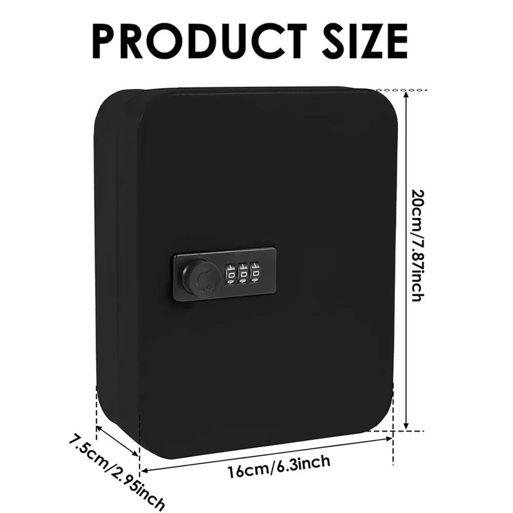 Black Security Key Case with a 3-Digit Combination Lock, 20 Hooks, Wall-Mounted Key Cabinet Lock Case, Dimensions 20×16×7.5cm