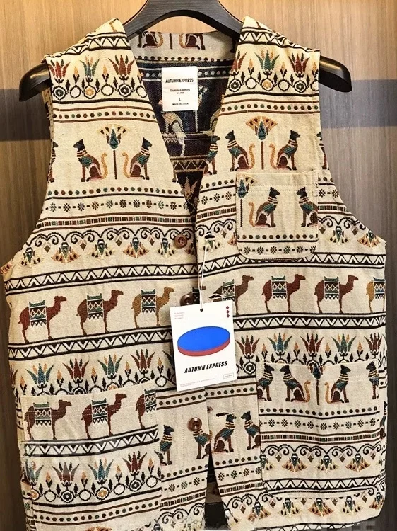 Double-Sided Embroidered Vest Men's American Retro Baroque Sleeveless V-Neck Layering Totem Shoulder Pad Vest Ethnic Style