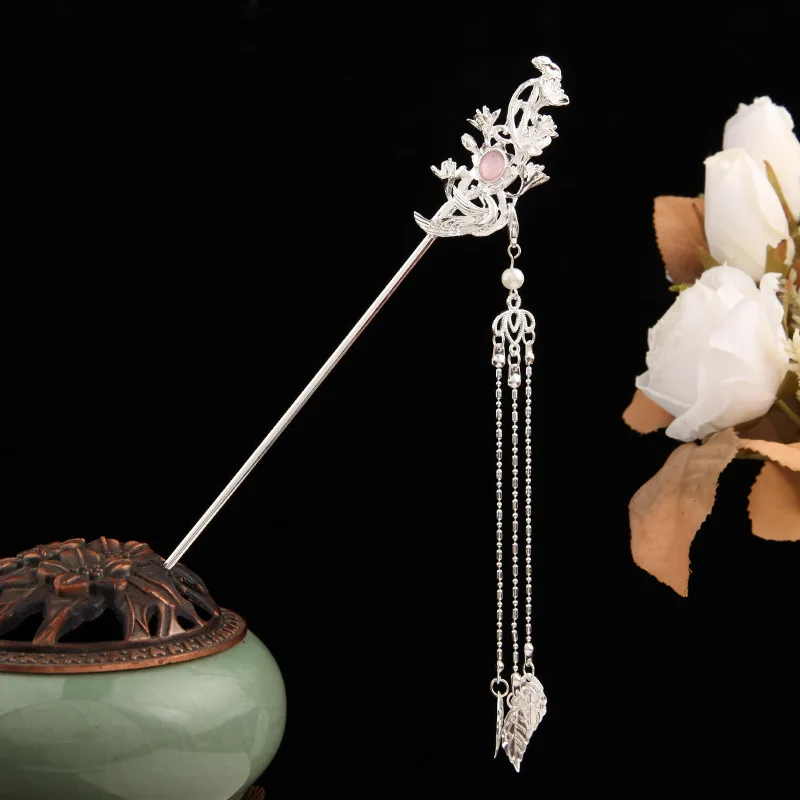 FORSEVEN Classical Flower Simulated Pearls Tassel Hair Clasp Decor Chinese Traditional Style Hair Stick Hair Pin Hanfu Headwear