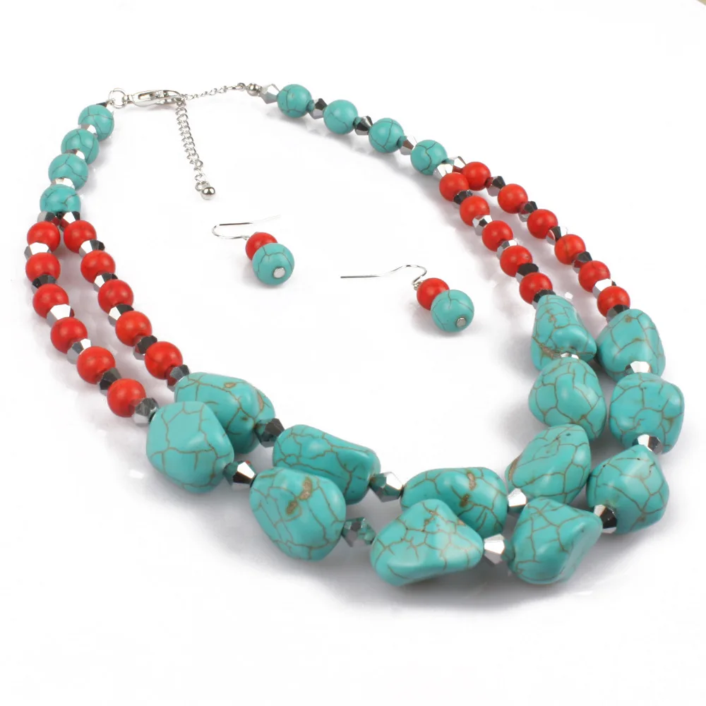 New Natural Stone Beads Turquoises Women Necklace Earrings Jewelry Set Retro Fashion Green Color Stone Necklace Accessories