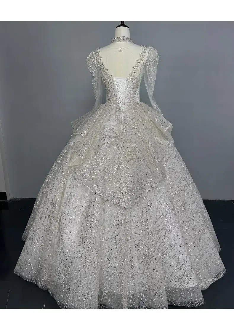 Vestido de baile de renda manga cheia espanhol para mulheres, vestido de noiva em camadas, vestido princesa do trem do tribunal