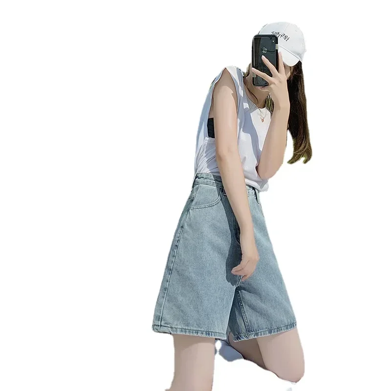 Women Jeans Denim Shorts High Waist Pants 2025 New Y2K Vintage Loose Knee Length Shorts Ladies Fashion Must Have Wide Leg Jeans