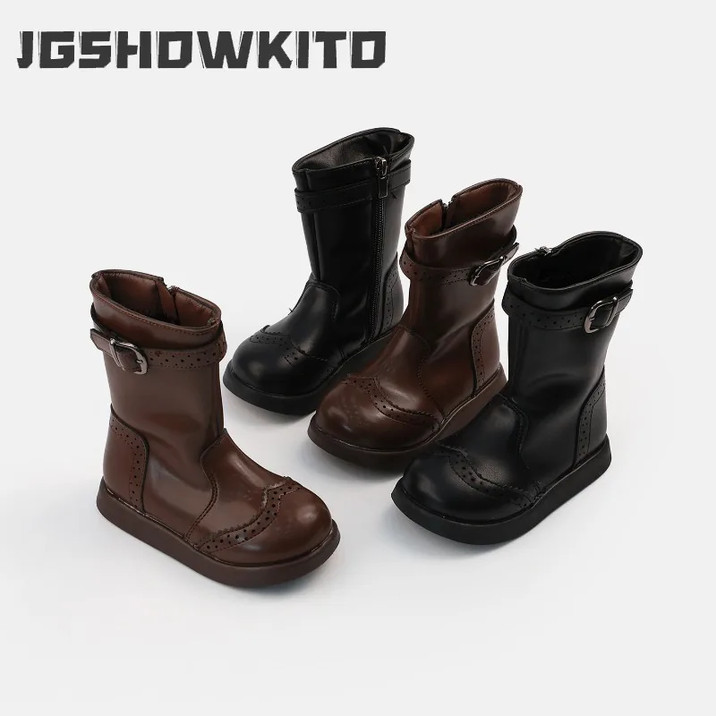 JGSHOWKITO Vintage Kids Outdoor Mid Calf Boots Fashion Side Zipper Little Girls Causal Boots Daily Wear Children Leather Boots