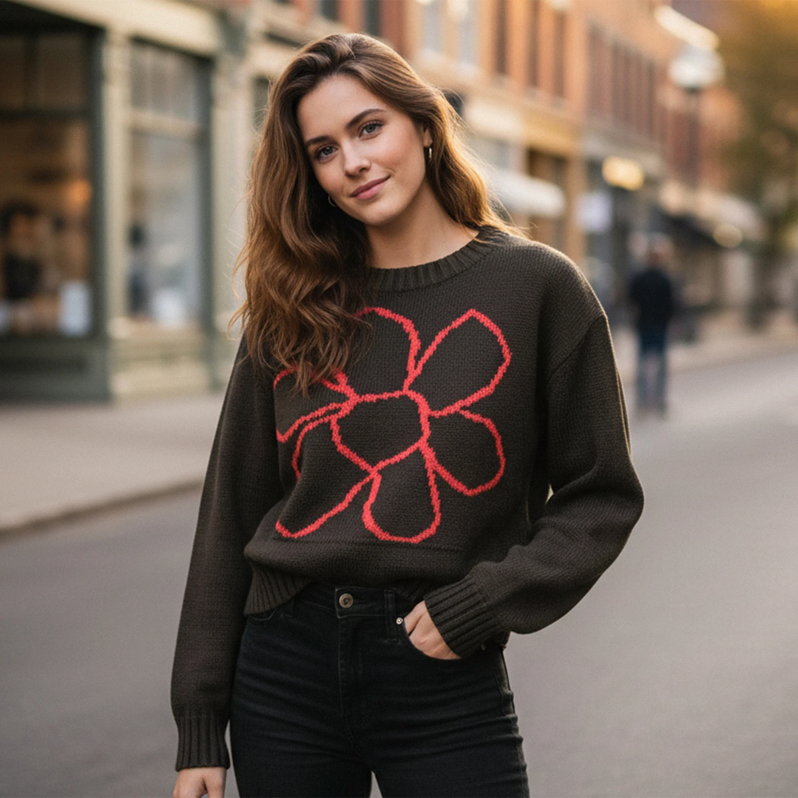 سترة نسائية موضة شتاء 2026 مُزينة بالزهور بلوفرات تريكو للسيدات غير رسمية برقبة دائرية وأكمام طويلة ملابس علوية فضفاضة ضيقة متماسكة