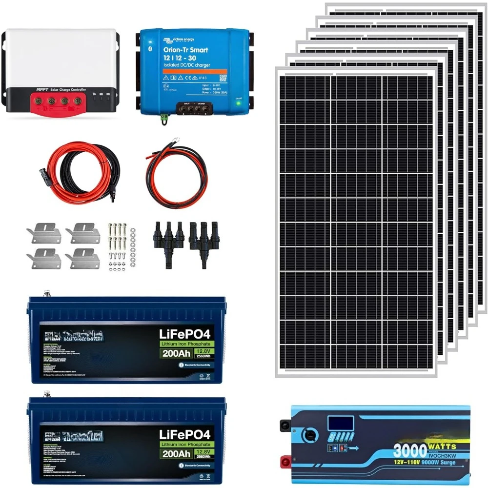 

5KWH 12V Solar Power Kit | LiFePO4 12V 200Ah, 600W Solar Panels, 40A MPPT Solar Controller, 30A DC-DC Charger