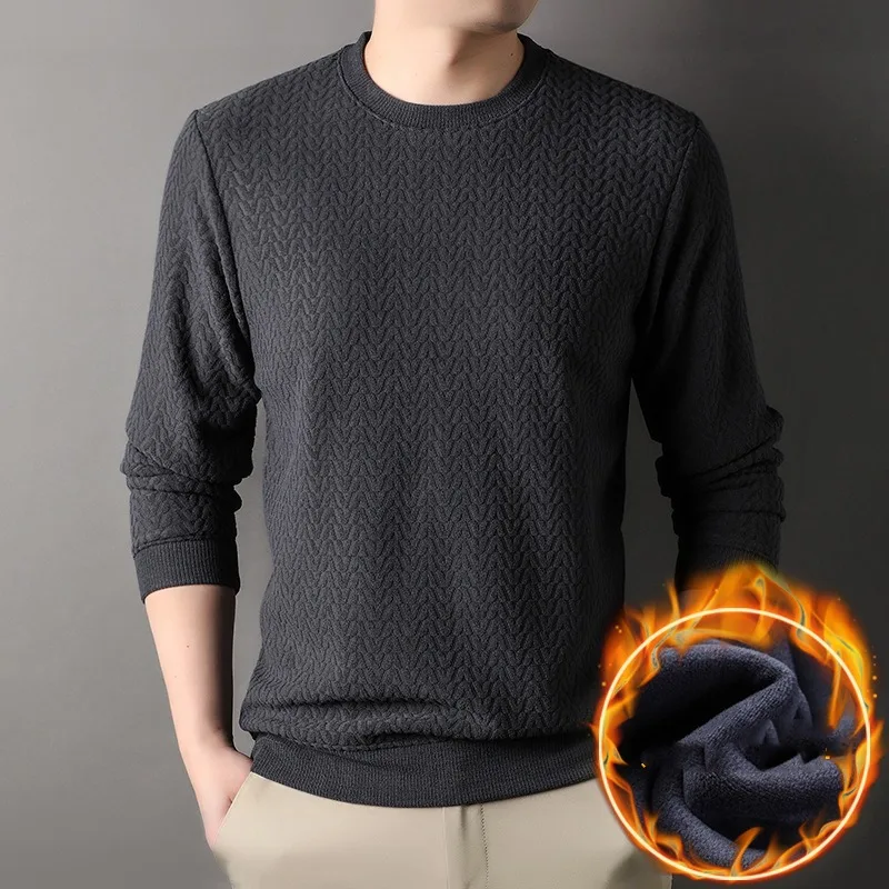 2023 Autumn and Winter Men's Pullover Round Neck Solid Spiral Plush Thickened Sweater Underlay Fashion Casual Loose Tops