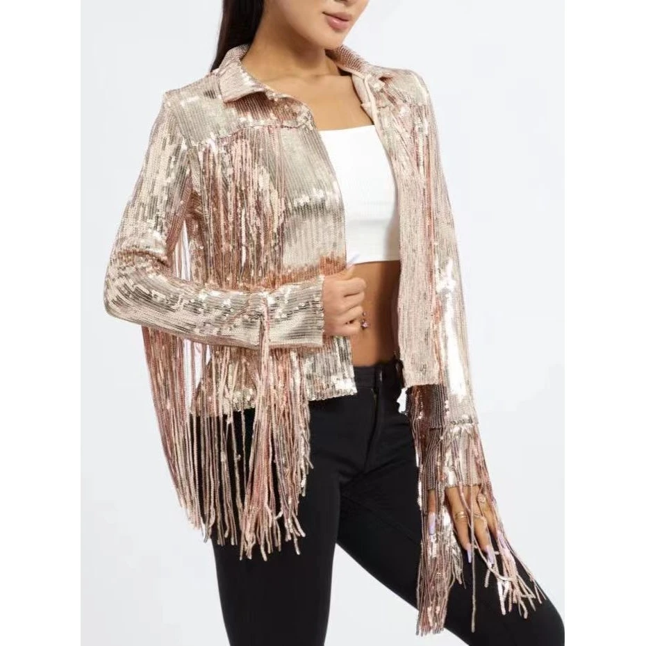 Gothic Style Sequin Tassel Jacket Women's Cross-Border Fashion Bright Sequin Inner Lined Performance Top Star Sequin Shirt