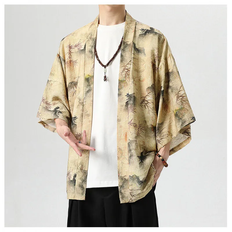 M-5XL Chinese Style Summer Bamboo Print Short Cape Lightweight 3/4 Sleeve Viscose Sun Protection Kimono Jacket for Men and Women