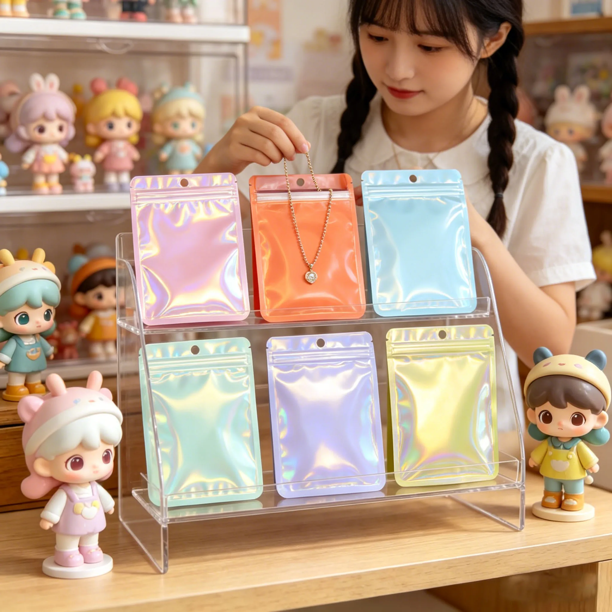 

100pcs Macaron-colored pearlescent laminated self-sealing bags, suitable for data cables, jewelry storage, and gift packaging