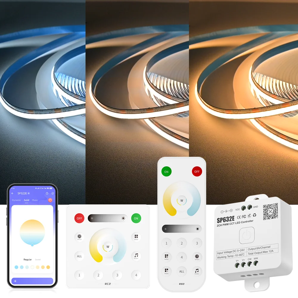 10M 20M Bluetooth COB CCT Led Strip 24V Dimmable Flexible Ceiling Room Linear Light Decor Music Sync 2700-6500K RF Touch Remote