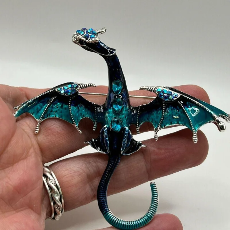 خمر نمط تصميم التنين بروش غرامة دبوس قلادة عالية الجودة الأزرق حجر الراين المينا الفضة زي حزب المرأة الملحقات #1