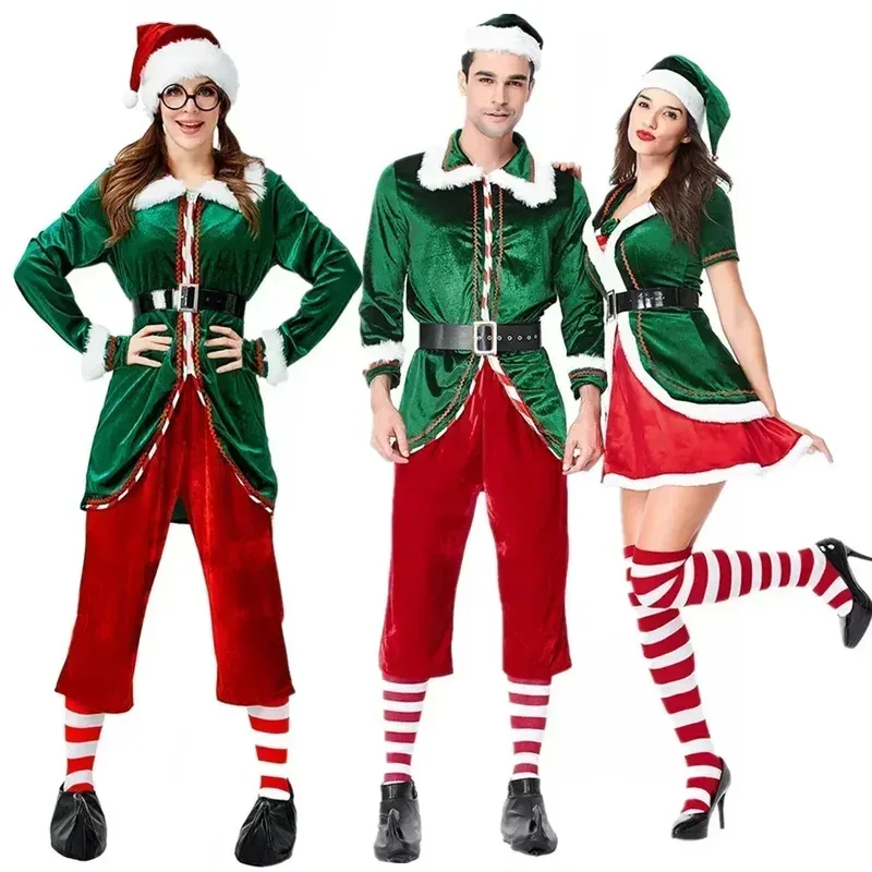 Disfraz de Papá Noel de Navidad, disfraz de elfo verde, fiesta de Navidad familiar, vestido elegante de Año Nuevo, conjunto de ropa para adultos, hombres y mujeres