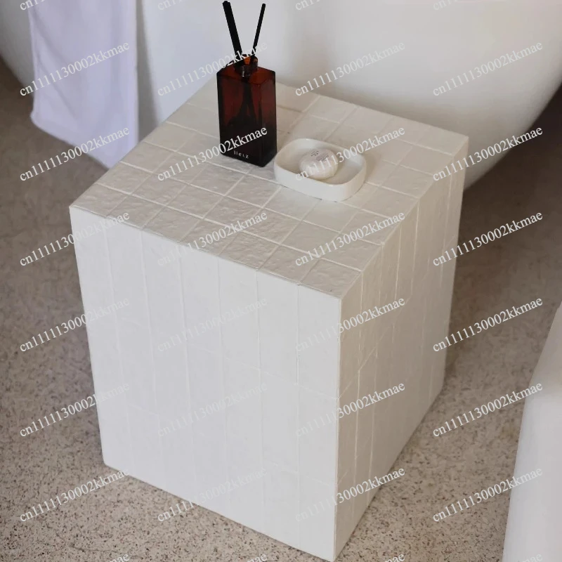 White Geometric Side Table Mosaic Pattern End Tables Modern Minimalist Coffee Table for Living Room Artistic Home Furniture