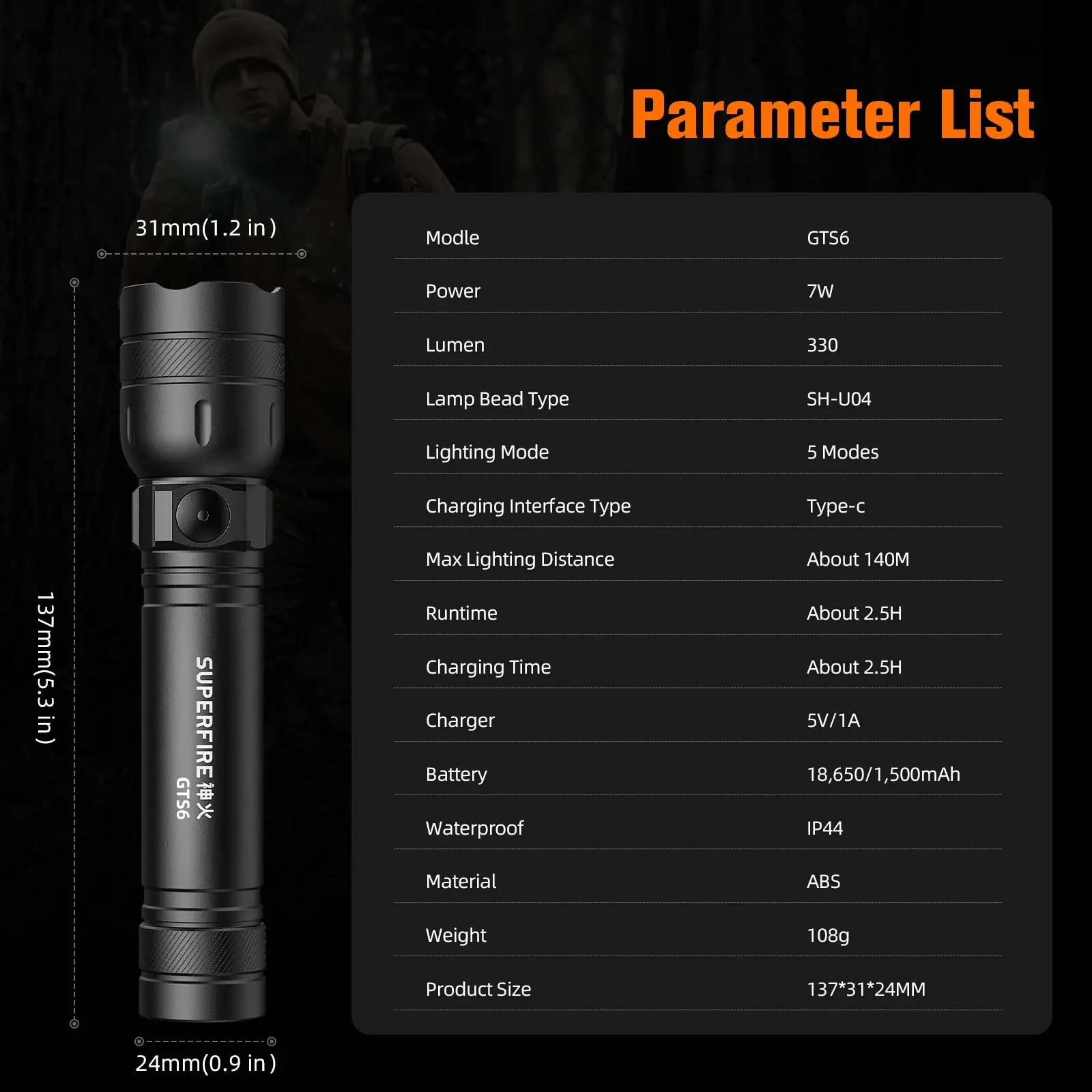 SUPERFIRE GTS6 LED Flashlight Portable Powerful Bright Flashlights Camping Lamp for Outdoor Hiking Self Defense Torch Lantern