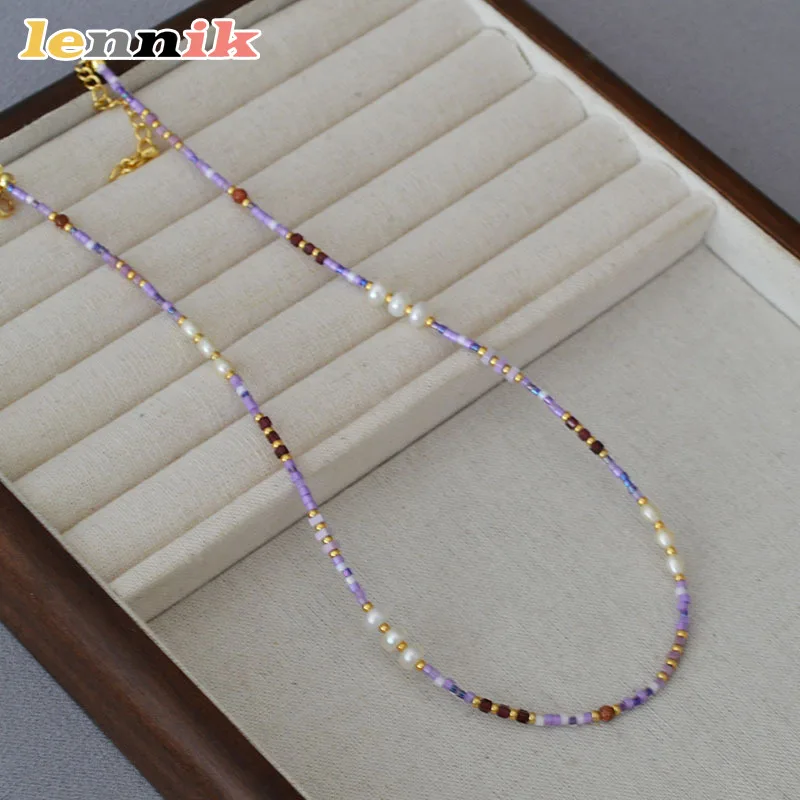 LENNIK Natural Garnet Necklace,Freshwater Pearls & Violet Seed Beads , Elegant Adjustable Choker for Women,Must-have Accessory