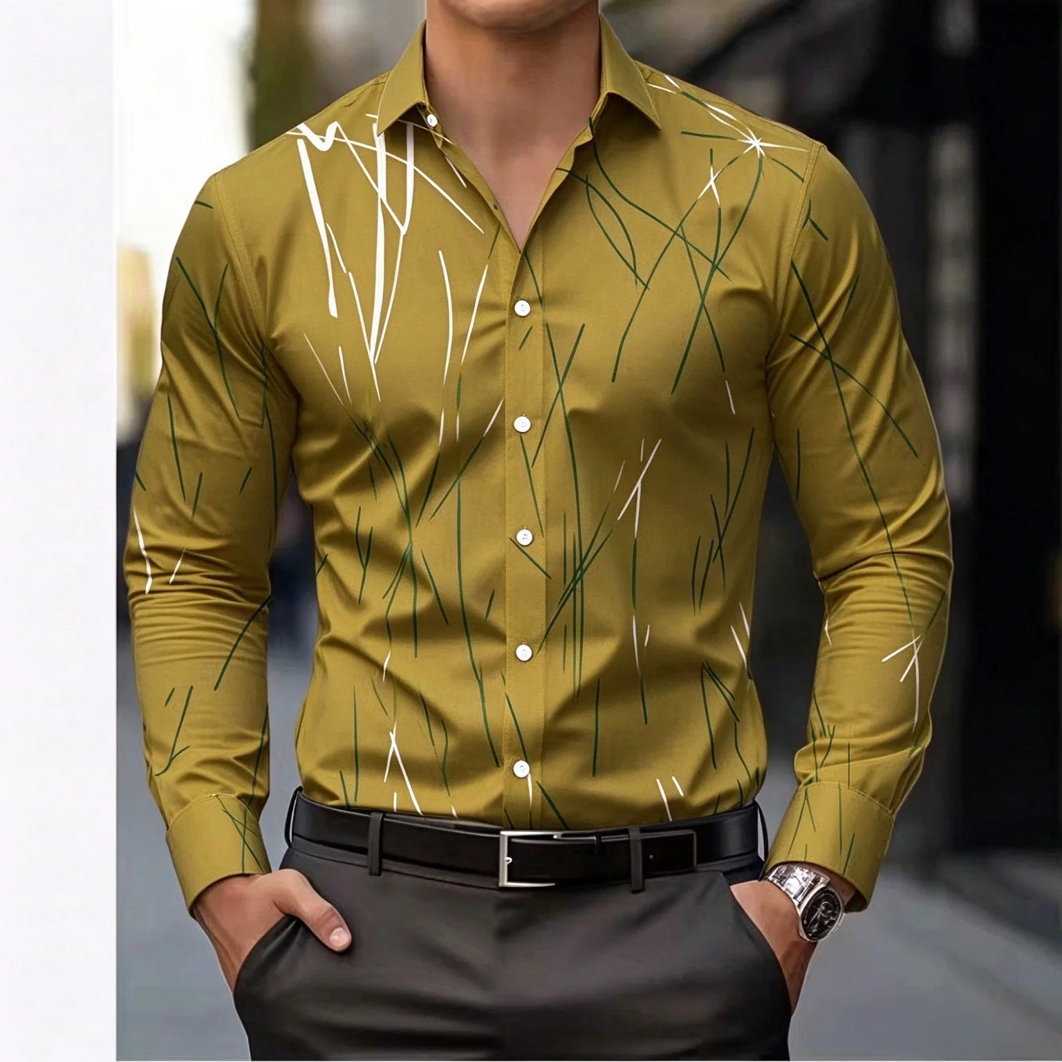 Men's Abstract Golden Line Print Long Sleeve Shirt Lapel Button Up Shirts Slim Fit Business Party Casual Dress Tops
