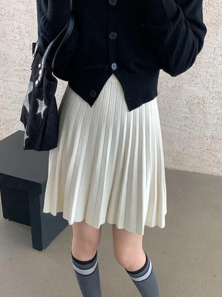 Knitted Pleated Skirts Women High Waist Preppy A-line Solid Cleanfit Gentle Faldas Korean Fashion Aesthetic Mini Skirt Womens