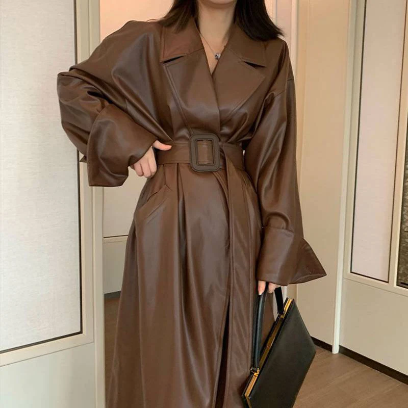 Women Long Leather Clothes Large Lapel Belt Stylish Overcoat Fall Winter Retro Long Sleeve Loose Oversized Leather Trench Coat