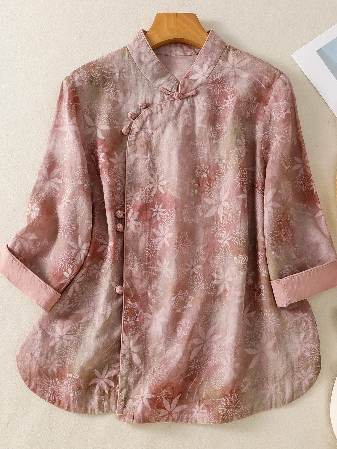 

Retro Chinese Sle Cotton Linen Printed irt ort Sve Button up Top Large Size Women's Faionable Summer New Arrival