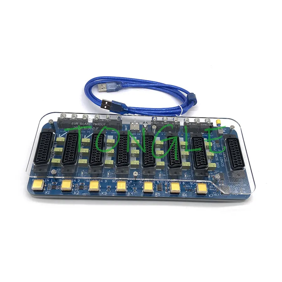 Retro Scart Switch with Acrylic Case, 7 in 1 Output, Video Mini Distributor, Converter, RGB, SVHS, AV Automatic Switcher Adapter