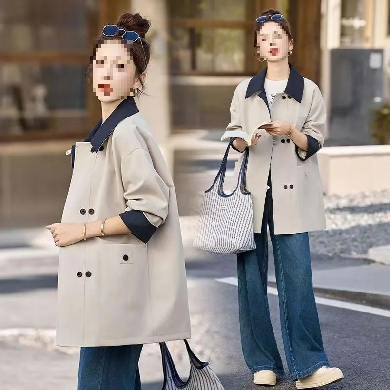 New Spring Autumn Women Mid Long Trench Coat New Casual Contrasting Color Splicing Female Windbreakers Outerwear Gabardina Mujer