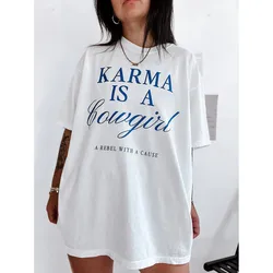 Karma Is A Cowgirl Letters Printing Vintage Style White T Shirts Women Short Sleeve Oversized Thick Cotton Tops Ins Western Tees