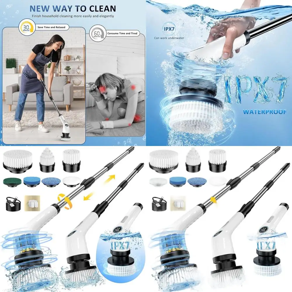 

Долговечный, водонепроницаемый скруббер с 7 щетками, 2 скорости для глубокой очистки ванной комнаты, кухни и пола.