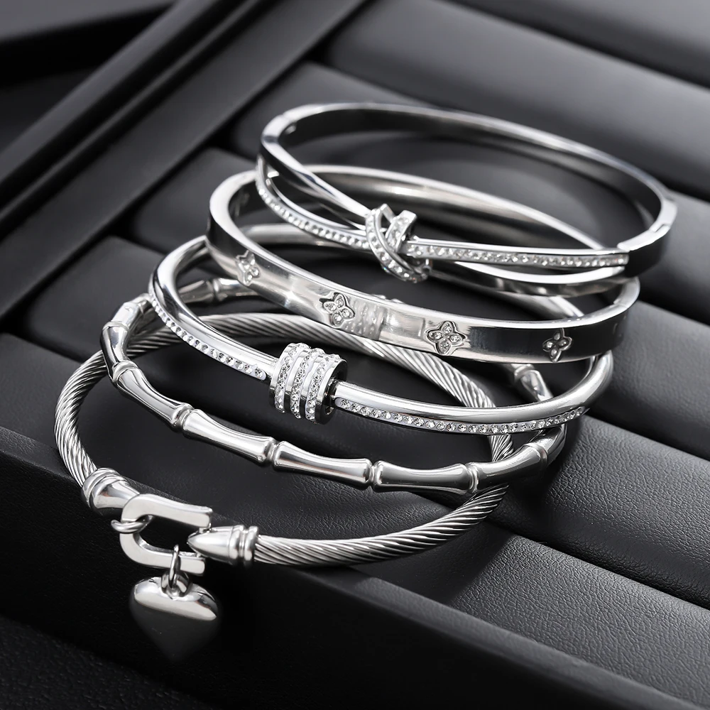 

5PCS Classic Fashion Stainless Steel Cuff Bracelets, Waterproof Silver Color Love Zircon Bangle, Unique Jewelry Gifts