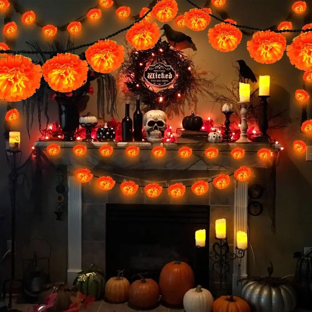 Battery Powered/Solar Powered Marigold Garland Lights Orange Artificial Flowers Halloween Marigold Led Lights for 10LED/30LED