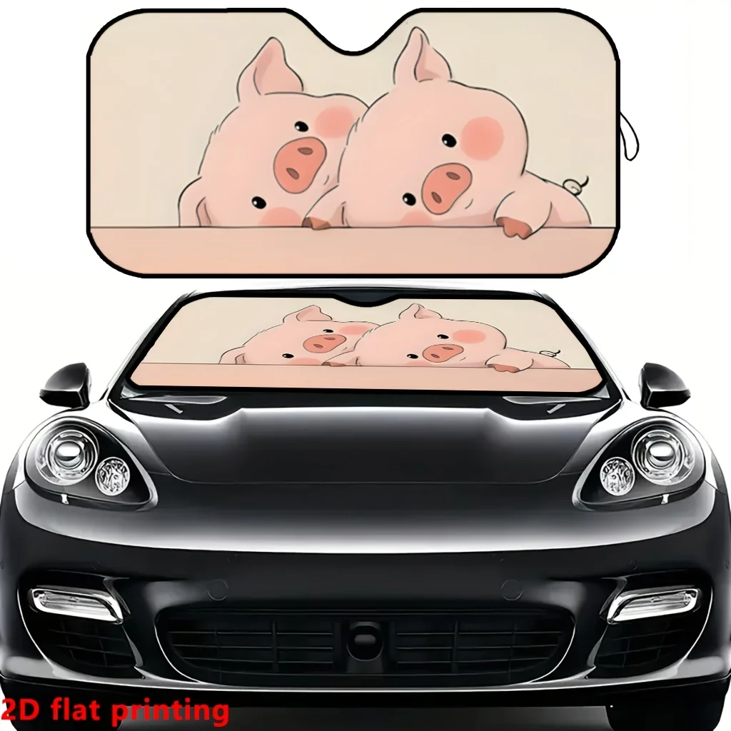 Cute Pink Double Pig Cartoon Pattern Printed Sunshade Durable Car Sunshade Easy to Install And Remove Car Window Sun