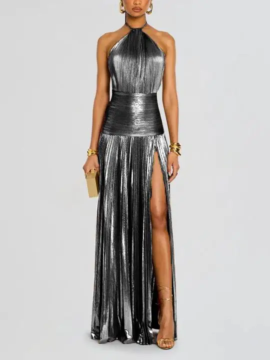 

Sexy Independent Station Women's Dr Metal Color Pleated Slit Belted Hanging Ne Svel Bal A-Line Skirt 855