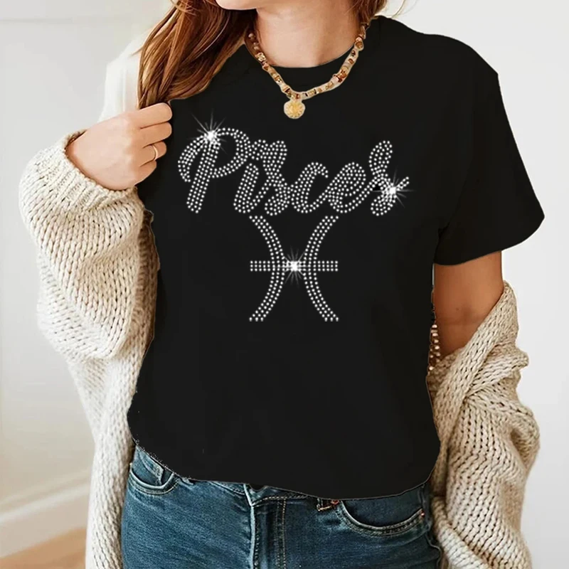 Luxury Letter Constellation Rhinestone Unisex T-Shirt Oversized Tees Women Short Sleeve Stitch Tops HIP HOP Ladies Clothing Y2k