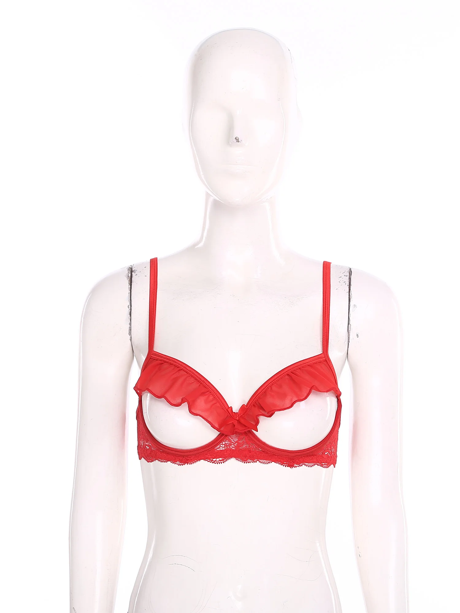 

Women Erotic Lace Breast Hollow Out Brassier Ruffled Trim Push-up Bra Lingerie Couple's Dating Anniversary Wedding Underwear