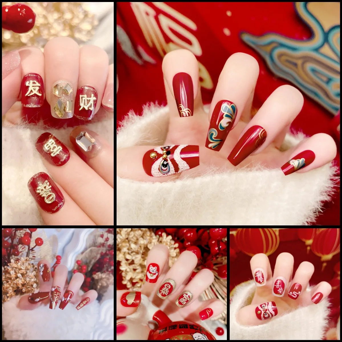 Red Fake Nails Press on Chinese Spring Festival False Nails Tips Square Long Ballerina Artificial Fingernail for Women Party Use