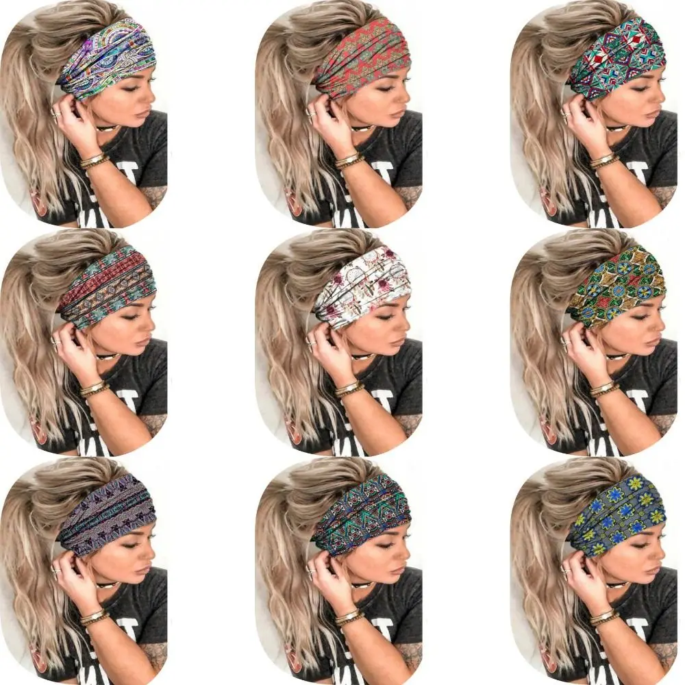 New Elastic Wide Headbands Vintage Knot Boho Printed Headscarf Wide Brim Flower Print Soft Bandana Yoga