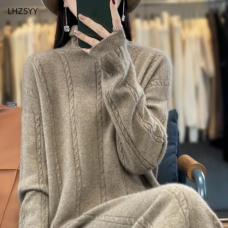 LHZSYY Turtleneck gaun wol murni wanita, Gaun panjang kasmir longgar sweater kelas atas musim gugur, rok rajut bungkus pinggul musim dingin dan musim gugur 100%