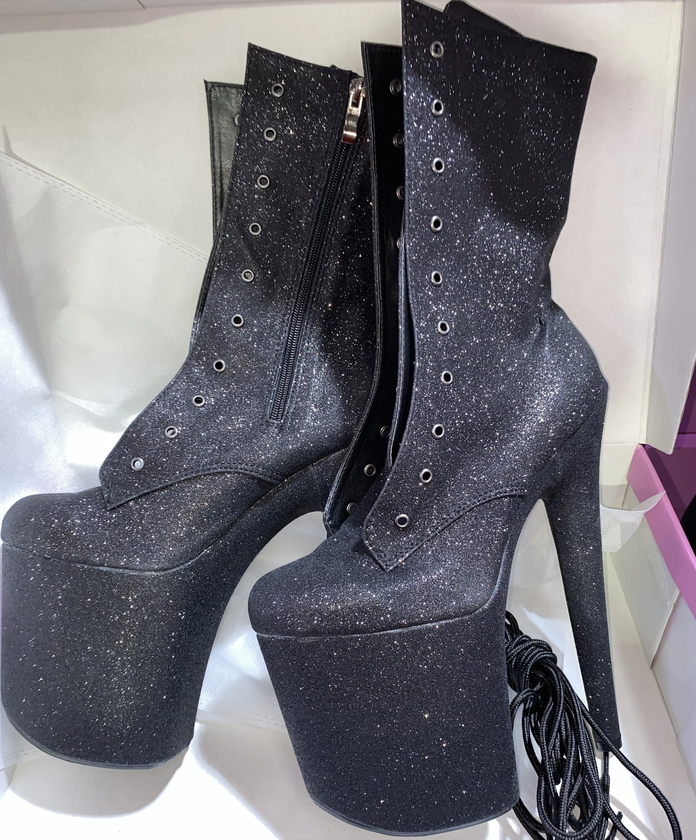 20CM runway performance ankle boots, sequin material sexy hate sky high, skinny heel model nightclub pole dancing shoes