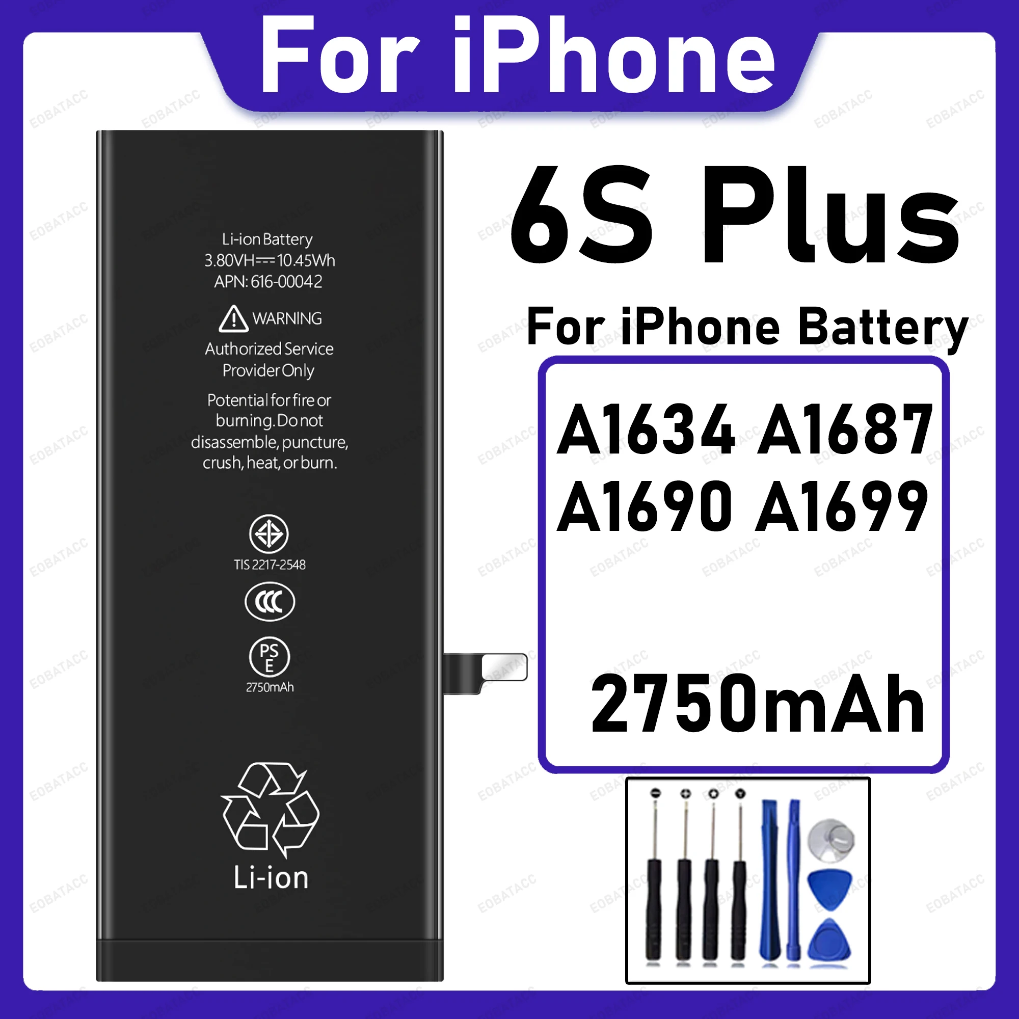 2750mAh High Capacity Durable Internal Replacement Battery For iPhone 6S Plus Compatible with A1634 A1687 A1690 A1699 +Free Tool