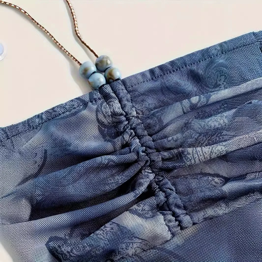 マーメイドタイダイプリーツサスペンダーイレギュラーヘムレースアップビーズ付きホルターネックバンドゥトップガール