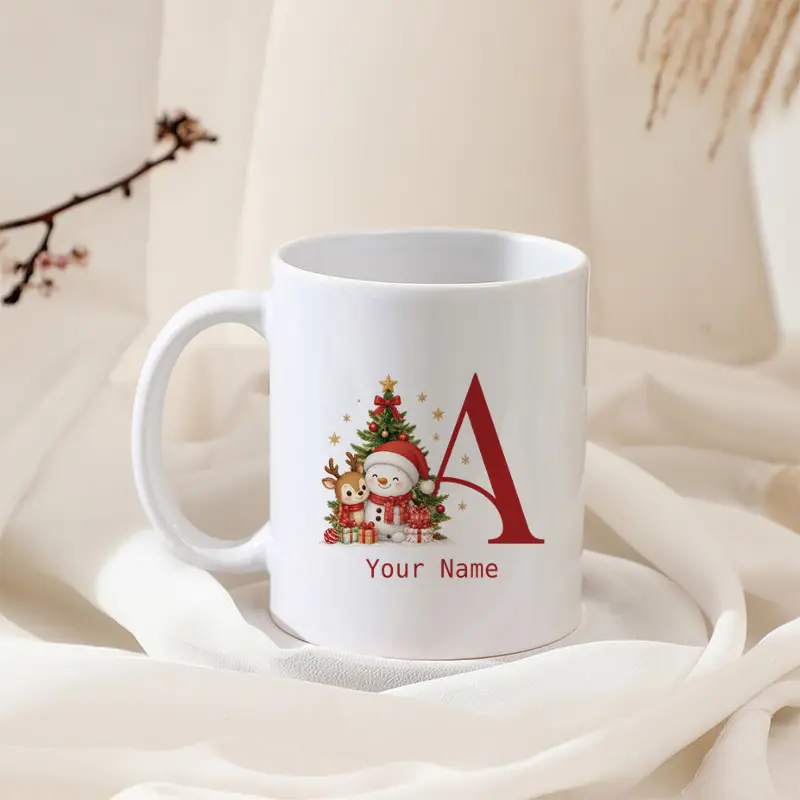 Personalized Name Christmas Monogram Letter A-Z Mug Cute Snowman Reindeer Christmas Tree Custom Ceramic Coffee Cup Holiday Gift