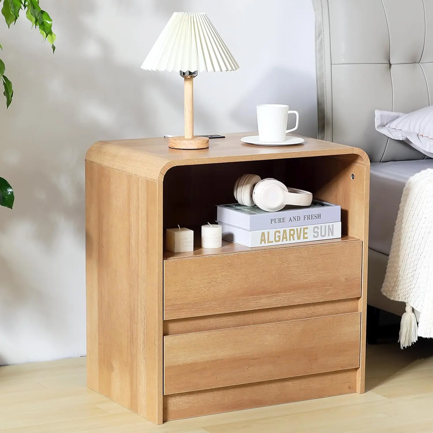 

Modern Nightstands with Charging Station, Oak Night Stand with 2 Drawers, Wood End Table with Storage, 23.6'' Wide, Customized