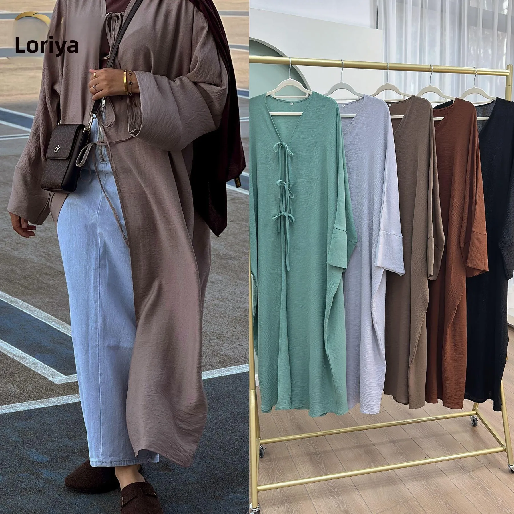 

Lo Dubai Par Dr LR883 Long Sve Waist Cinched Belted Open Cardigan Dr for Gatherings And Celebrations