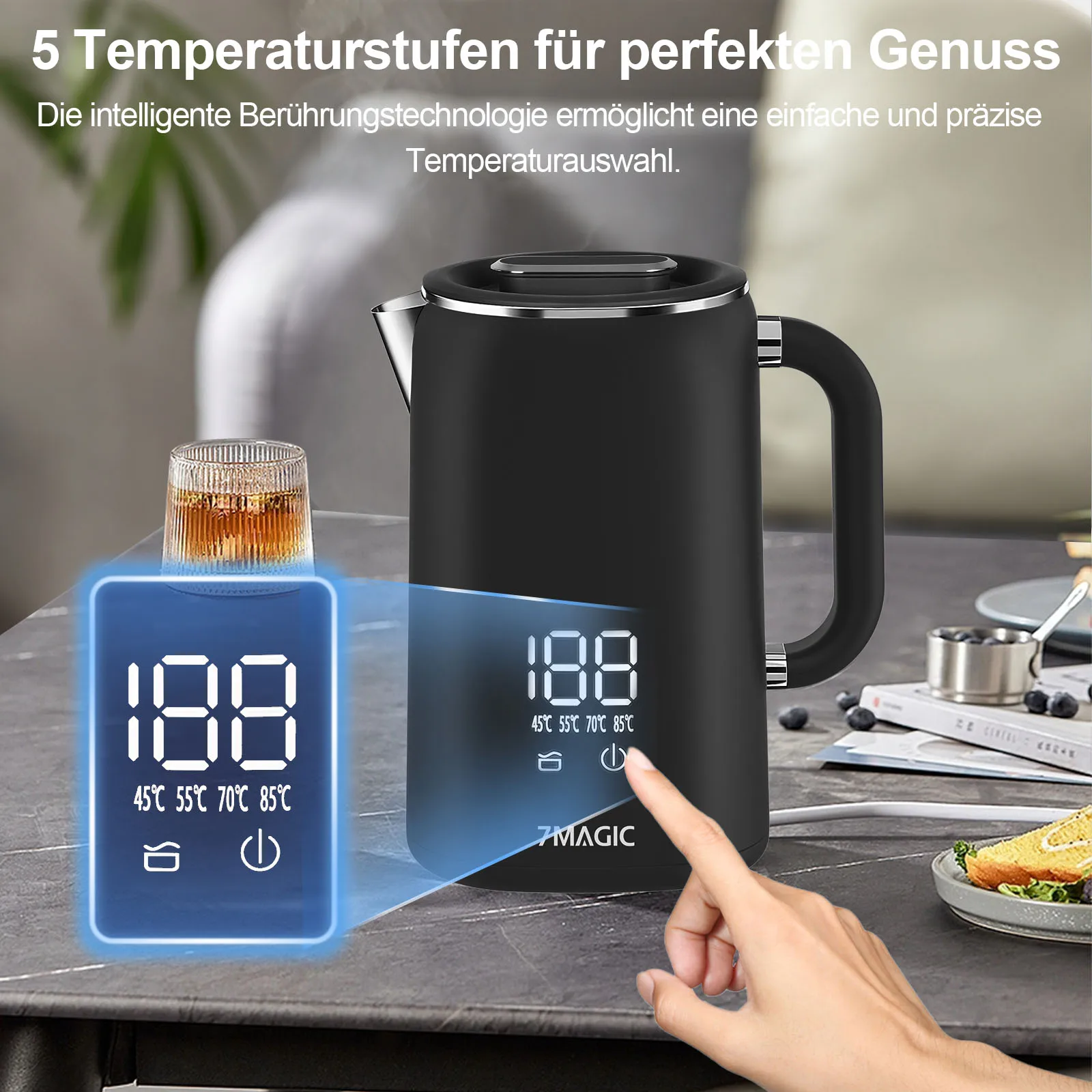 غلاية ستانلس ستيل مع ضبط درجة الحرارة (40 ° ج 100 ° ج) غلاية شاي 1.7 لتر تحافظ على الدفء، شاشة LED مع درجة الحرارة