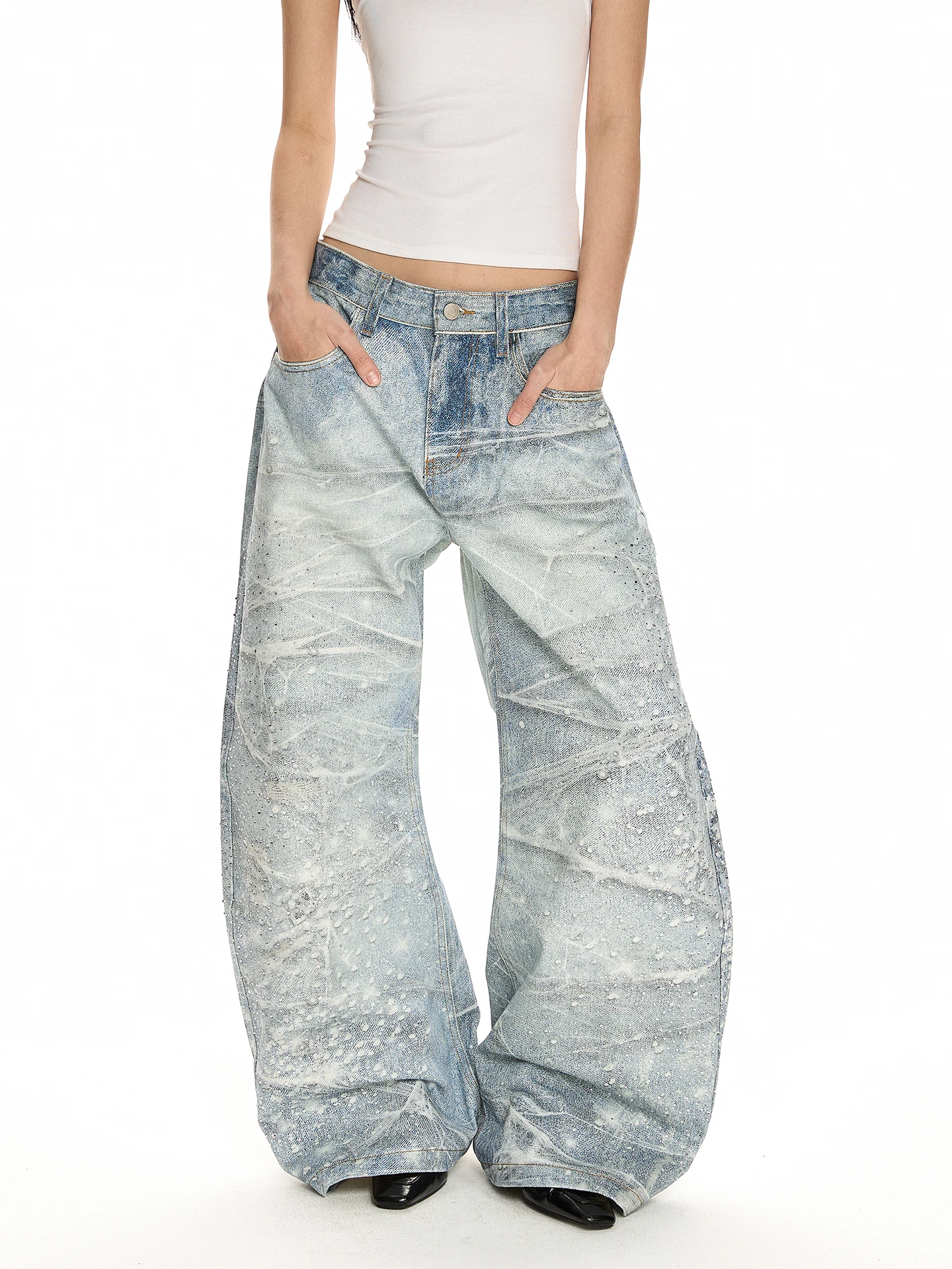 

a PUEE Vintage Street 3D Print Rhinestone Curved Knife Jeans Men's Women's Straight Loose Long Pants Youthful Trendy School Wear