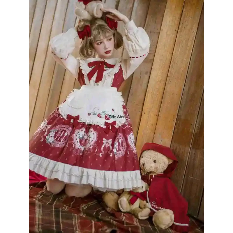 

CyStrawberry Diary Lolita Girl Dress Little Red Riding Hood Apron Cape Op Dress Christmas Red New Year Spring Festival