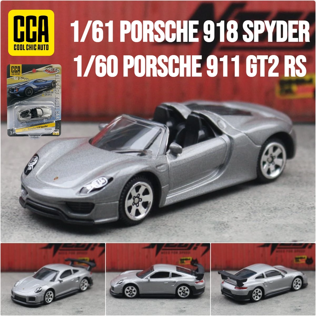 CCA 1/64 Series 1:61 Porsche 918 Spyder & 1:60 Porsche 911 GT2 RS Racing Car Toy Model Diecast Free Wheels Collection Gift Boys